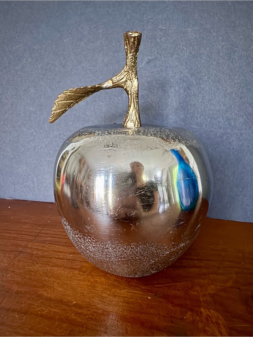 Large Decorative Metal Apple Sculpture - Silver with Gold Brass Stem
